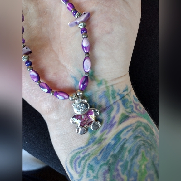 Purple Beaded Necklace with Teddy Bear Pendant - Picture 3 of 8